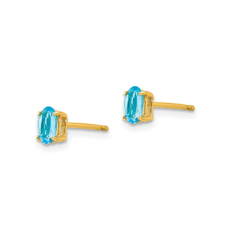 14k Yellow Gold Oval Blue Topaz Stud Earrings, Prong Set Lightweight Jewelry for Women