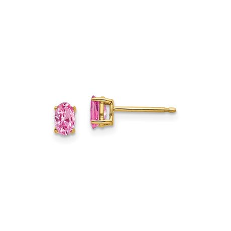 14k Yellow Gold Stud Earrings with Oval Pink Sapphire, Classic Four Prong Setting for Women