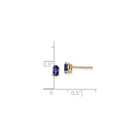 14k Yellow Gold Stud Earrings with Oval Tanzanite, Four Prong Setting, Minimalist Style
