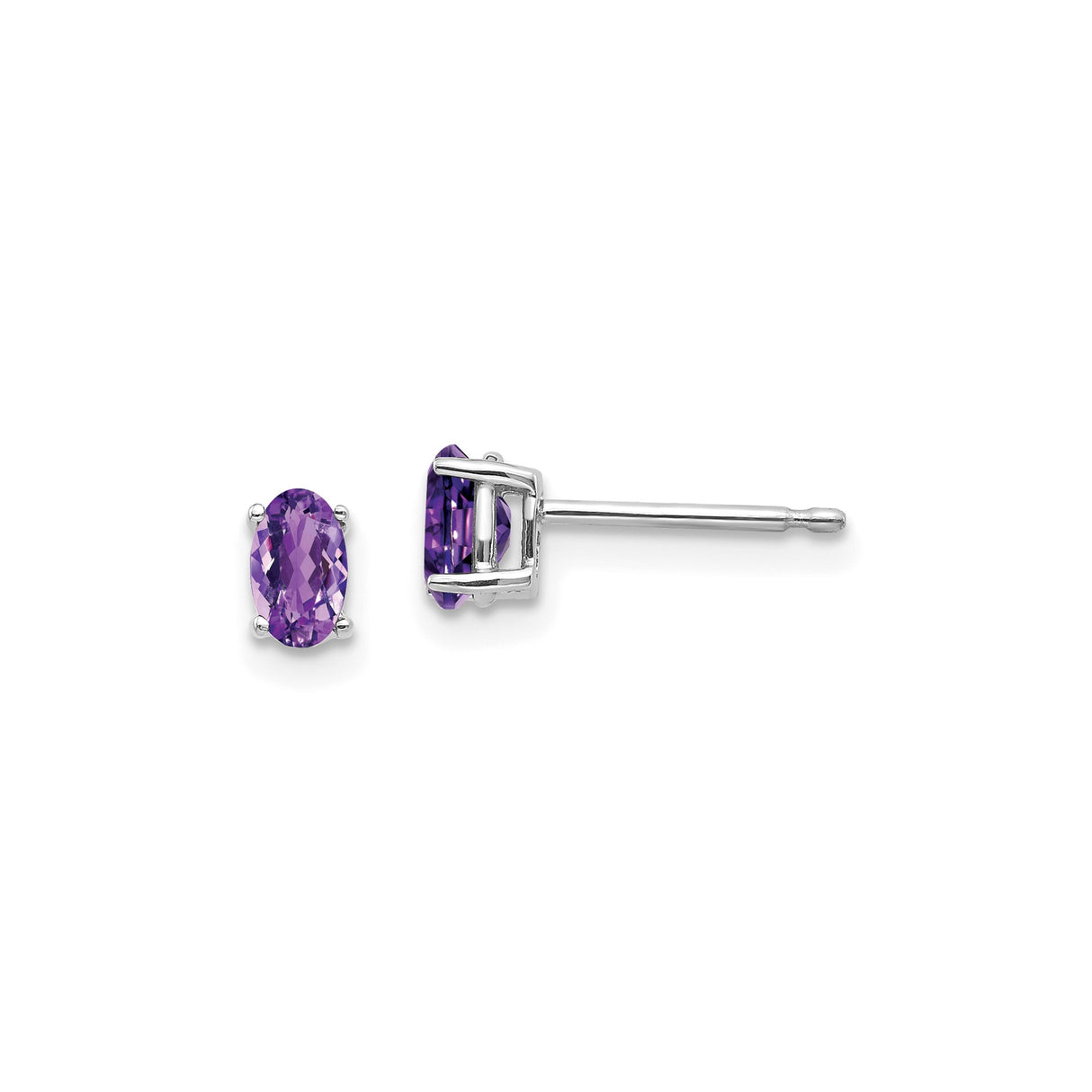 14k White Gold Amethyst Stud Earrings, Oval Faceted Purple Gemstones, Prong Set for Women