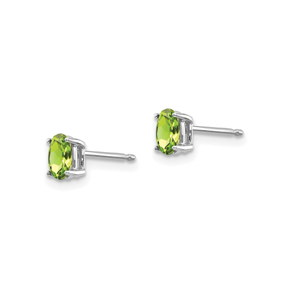 14k White Gold Peridot Stud Earrings, Oval Faceted Gemstones in Four-Prong Setting