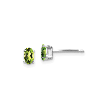14k White Gold Peridot Stud Earrings, Oval Faceted Gemstones in Four-Prong Setting