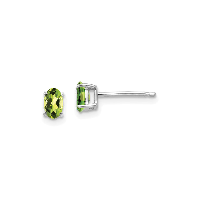 14k White Gold Peridot Stud Earrings, Oval Faceted Gemstones in Four-Prong Setting