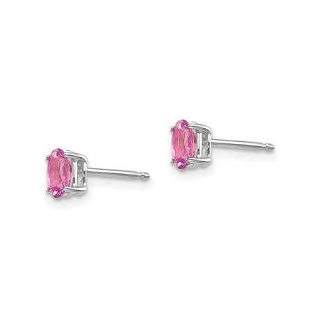 14k White Gold Stud Earrings with Oval Pink Sapphire in Prong Setting, Feminine Minimalist Jewelry