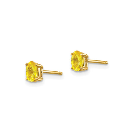 14k Yellow Gold Oval Stud Earrings with Faceted Sapphire, Prong Setting Classic Design