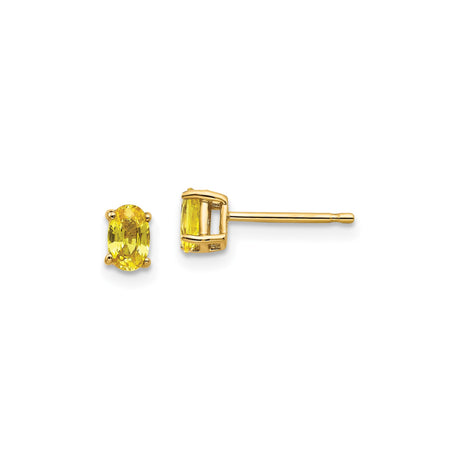 14k Yellow Gold Oval Stud Earrings with Faceted Sapphire, Prong Setting Classic Design