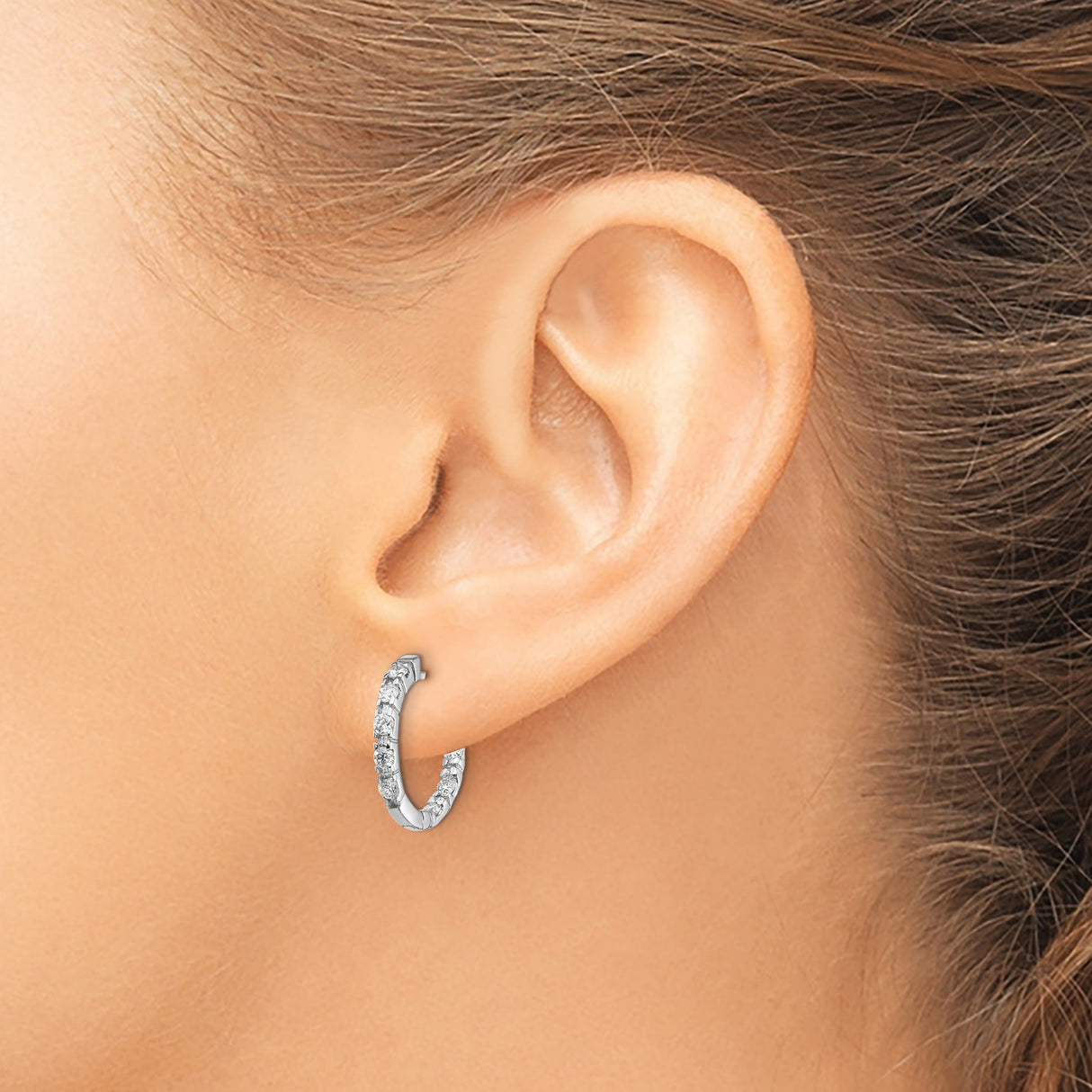 14k White Gold Diamond Hoop Earrings, Prong Set Round Design for Women