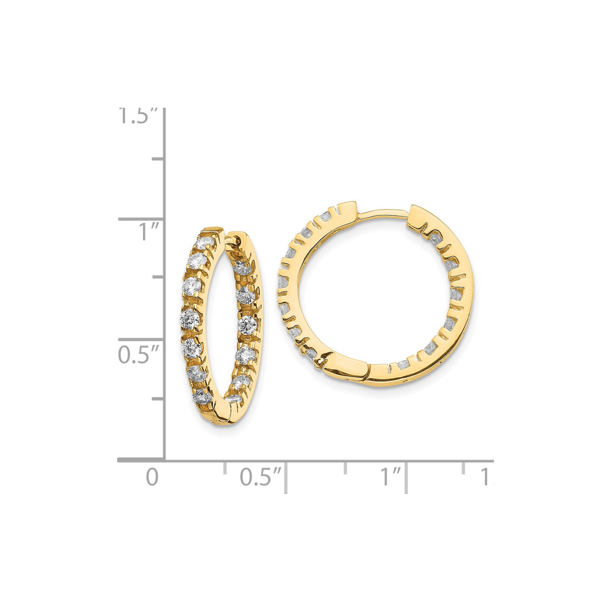 14k Yellow Gold Diamond Hoop Earrings, Shared Prong Round Cut Lightweight Design for Women
