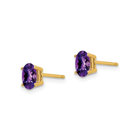 14k Yellow Gold Amethyst Stud Earrings with Faceted Oval Gemstones in Four Prong Setting