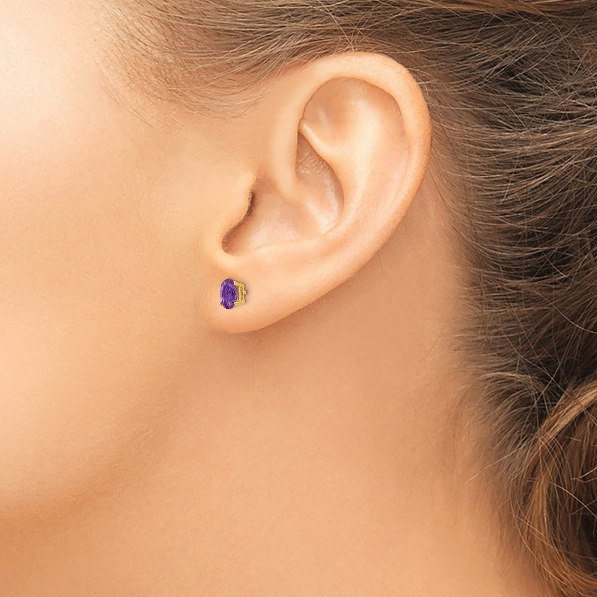 14k Yellow Gold Amethyst Stud Earrings, Oval Faceted Gemstone in Four Prong Setting