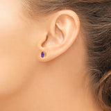 14k Yellow Gold Amethyst Stud Earrings, Oval Faceted Gemstone in Four Prong Setting