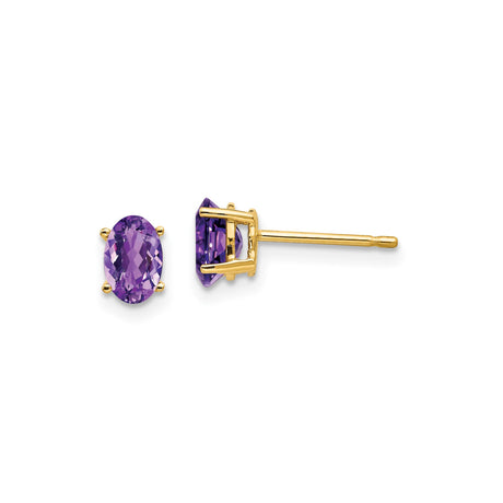 14k Yellow Gold Amethyst Stud Earrings, Oval Faceted Gemstone in Four Prong Setting