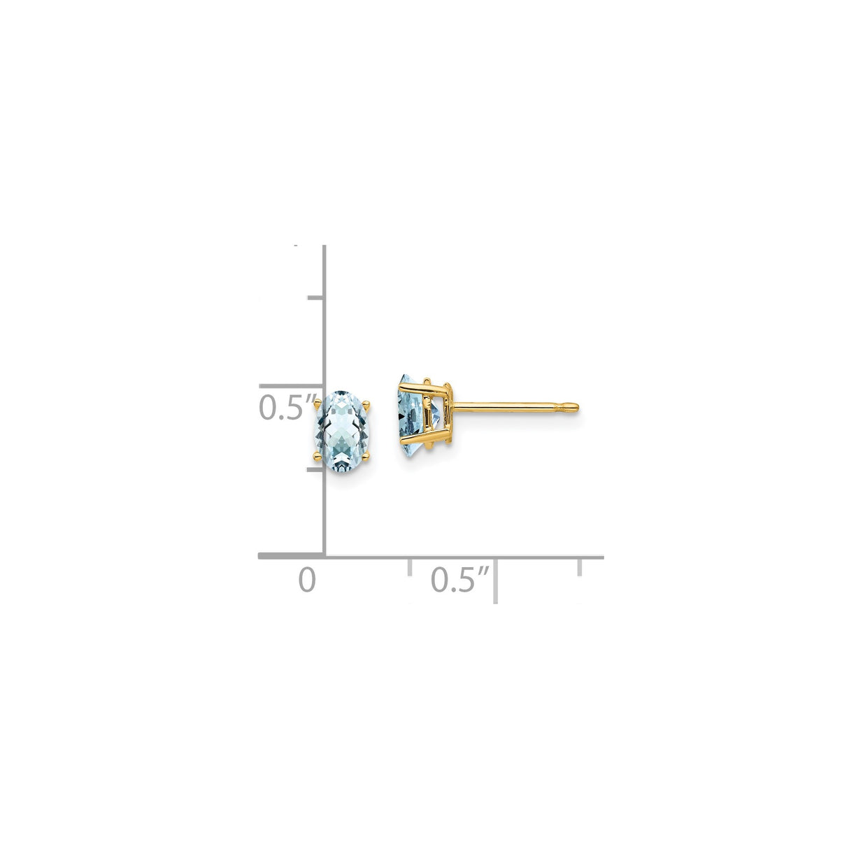 14k Yellow Gold Aquamarine Stud Earrings, Oval Faceted Light Blue Gemstone in Four Prong Setting