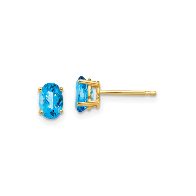 14k Yellow Gold Stud Earrings with Oval Swiss Blue Topaz, Classic Four Prong Setting
