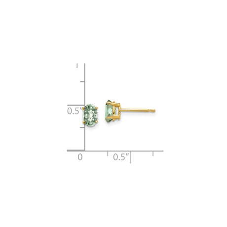 14k Yellow Gold Oval Green Amethyst Stud Earrings, Four-Prong Setting, Faceted Quartz