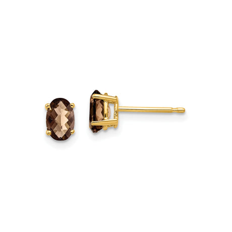 14k Yellow Gold Stud Earrings with Smoky Quartz, Classic Oval Design for Women