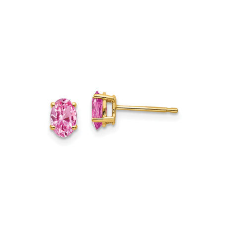 14k Yellow Gold Stud Earrings with Oval Cut Pink Sapphire, Classic Four Prong Setting