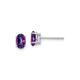 14k White Gold Amethyst Stud Earrings with Oval Cut Purple Gemstones in Four-Prong Setting