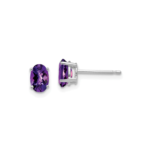 14k White Gold Amethyst Stud Earrings with Oval Cut Purple Gemstones in Four-Prong Setting