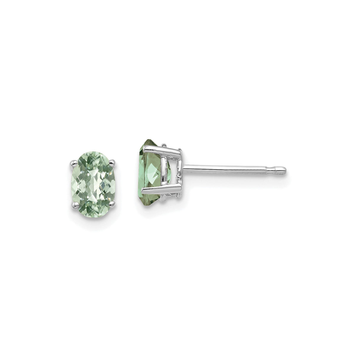 14k White Gold Oval Green Amethyst Stud Earrings, Four Prong Minimalist Design