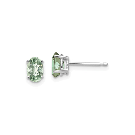 14k White Gold Oval Green Amethyst Stud Earrings, Four Prong Minimalist Design