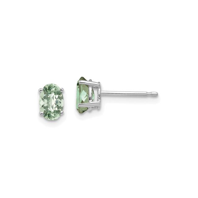 14k White Gold Oval Green Amethyst Stud Earrings, Four Prong Minimalist Design