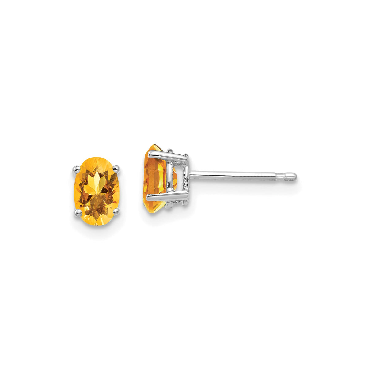 14k White Gold Citrine Stud Earrings, Oval November Birthstone, Four Prong Setting