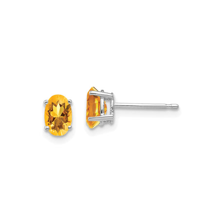 14k White Gold Citrine Stud Earrings, Oval November Birthstone, Four Prong Setting