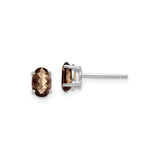 14k White Gold Stud Earrings with Oval Smoky Quartz, Four Prong Setting, Neutral Style
