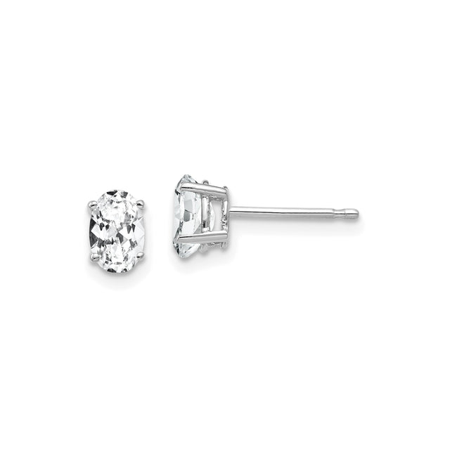 14k White Gold Stud Earrings with Cubic Zirconia, Oval Four Prong Setting, Minimalist Style
