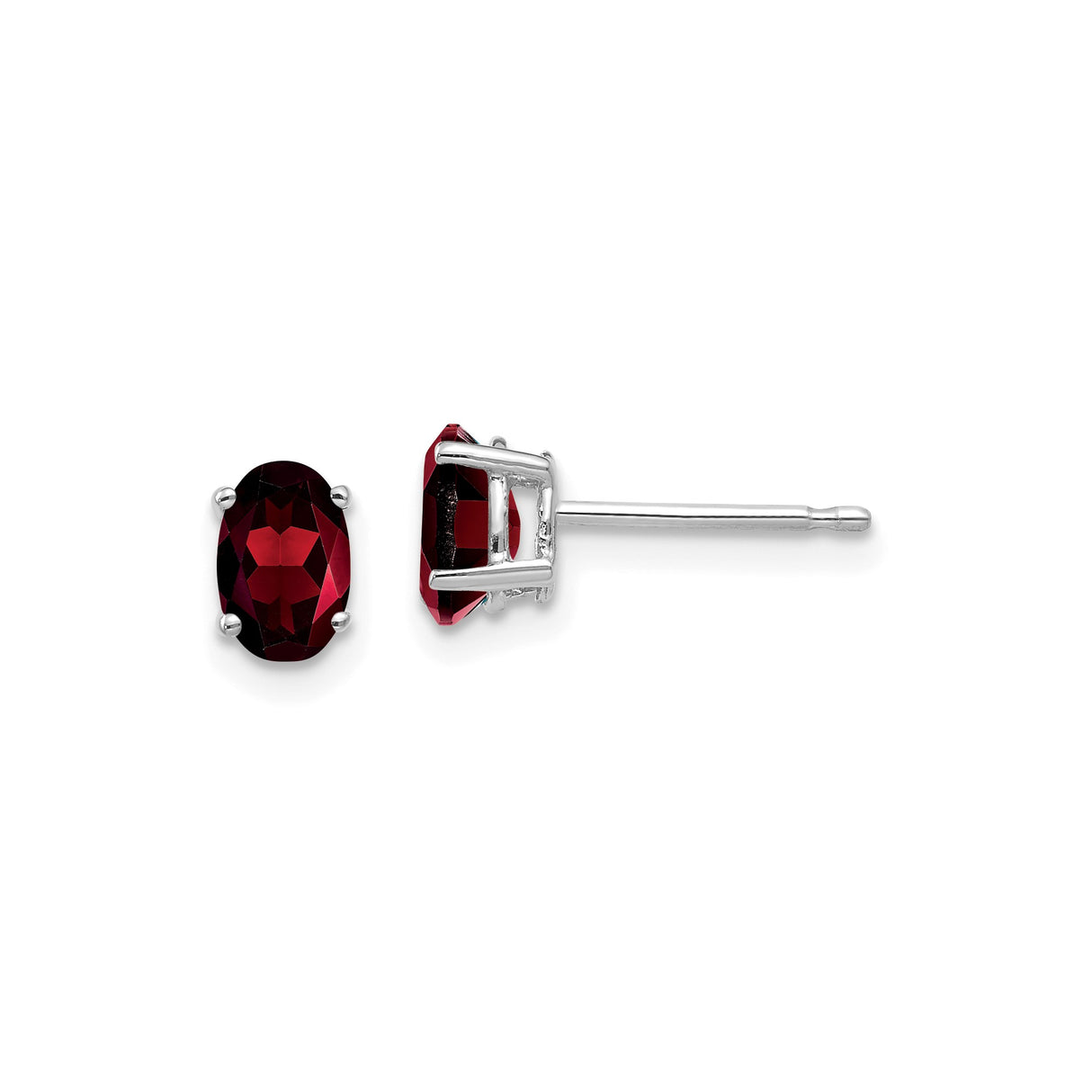 14k White Gold Garnet Stud Earrings, Oval Cut Four-Prong Setting, January Birthstone for Women