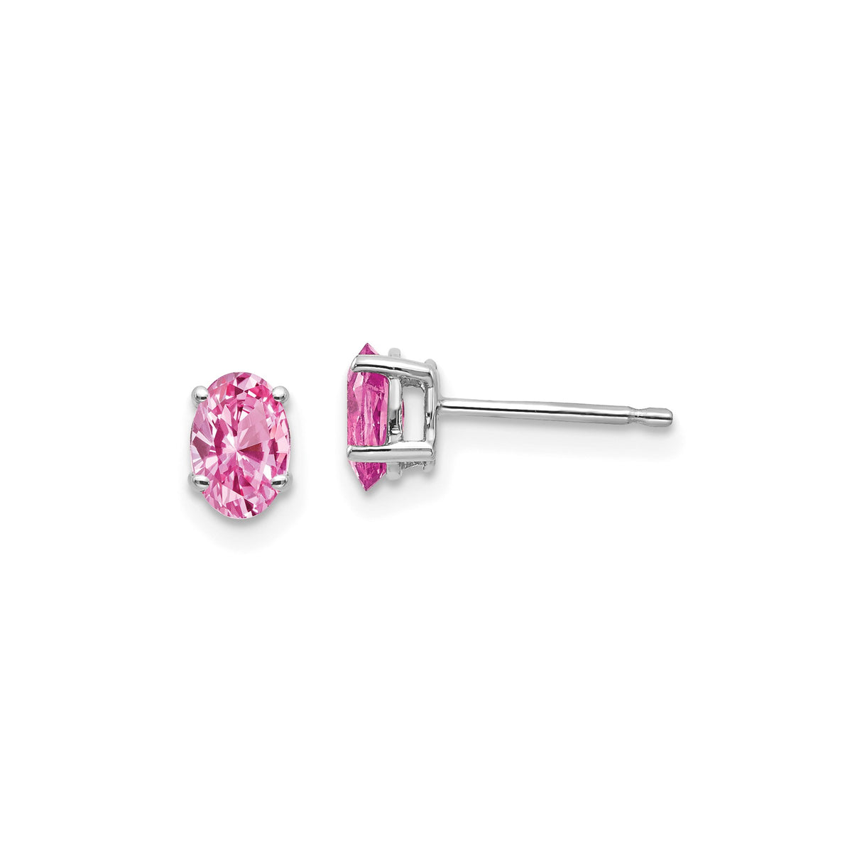 14k White Gold Stud Earrings with Pink Sapphire Oval Gemstone in Four Prong Setting