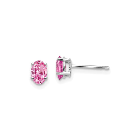 14k White Gold Stud Earrings with Pink Sapphire Oval Gemstone in Four Prong Setting