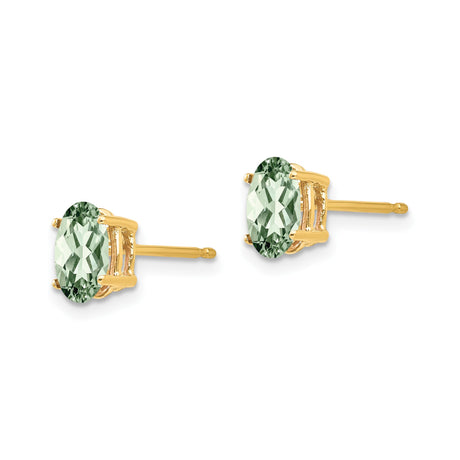 14k Yellow Gold Green Amethyst Stud Earrings, Oval 4-Prong Minimalist Design for Women