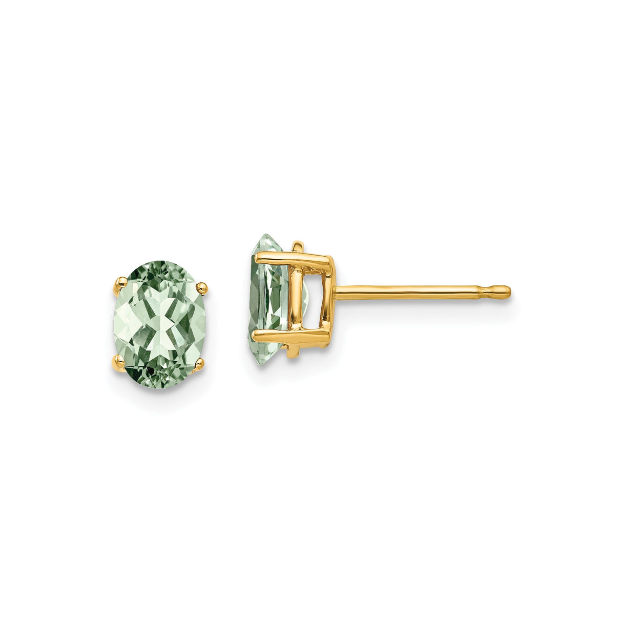 14k Yellow Gold Green Amethyst Stud Earrings, Oval 4-Prong Minimalist Design for Women