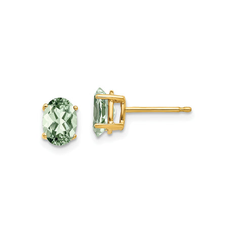 14k Yellow Gold Green Amethyst Stud Earrings, Oval 4-Prong Minimalist Design for Women