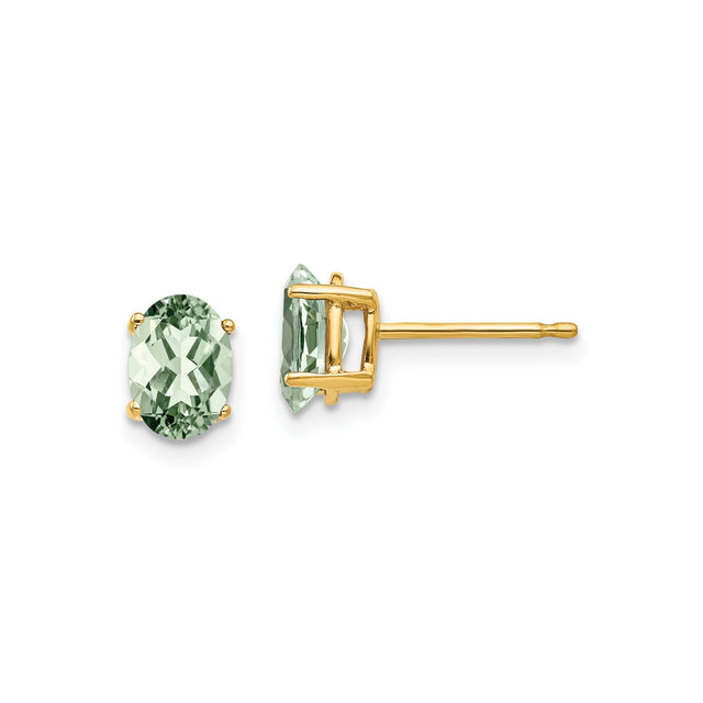 14k Yellow Gold Green Amethyst Stud Earrings, Oval 4-Prong Minimalist Design for Women