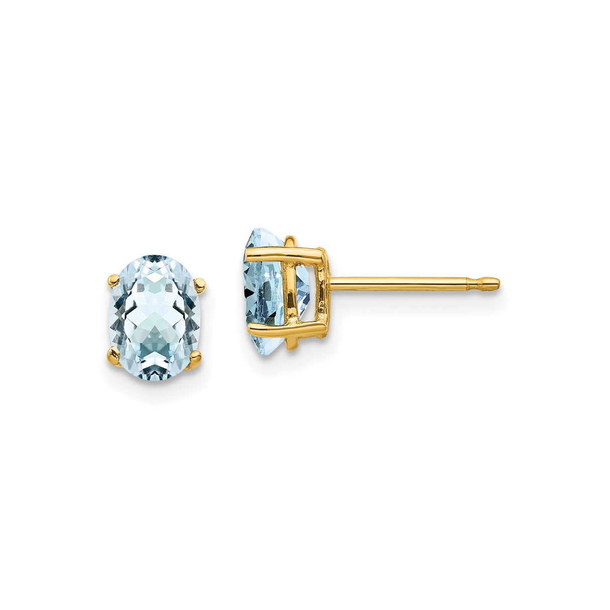 14k Yellow Gold Aquamarine Stud Earrings, Oval Faceted Gemstone, Minimalist Womens Jewelry