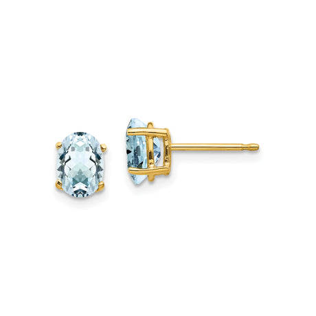 14k Yellow Gold Aquamarine Stud Earrings, Oval Faceted Gemstone, Minimalist Womens Jewelry