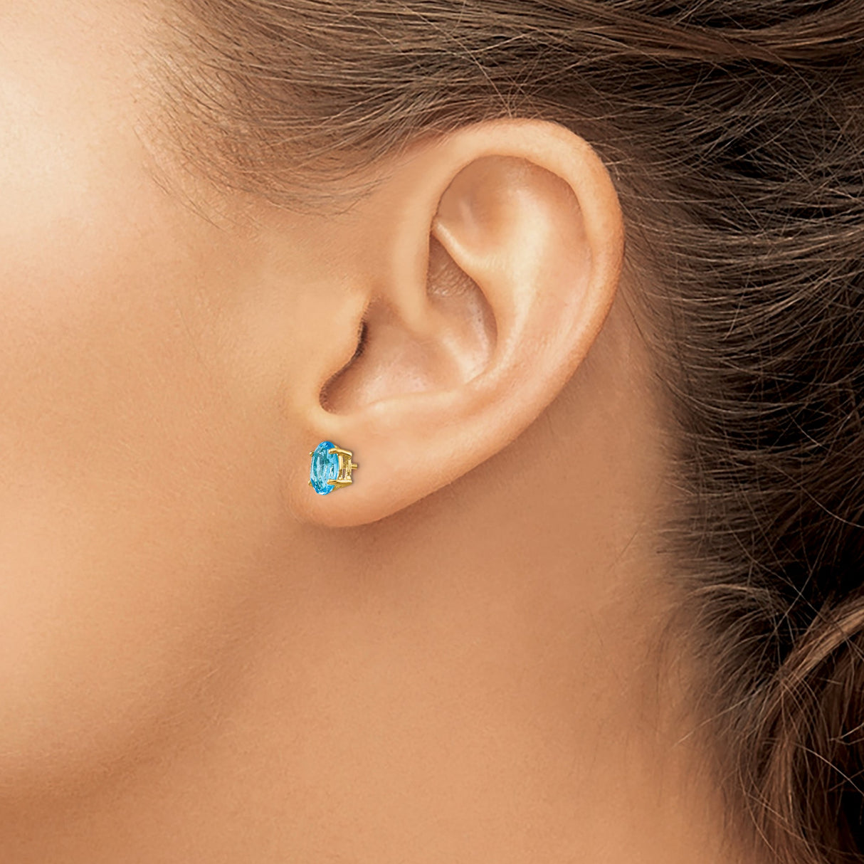 14k Yellow Gold Blue Topaz Oval Stud Earrings, Faceted Gemstone Classic Design for Women