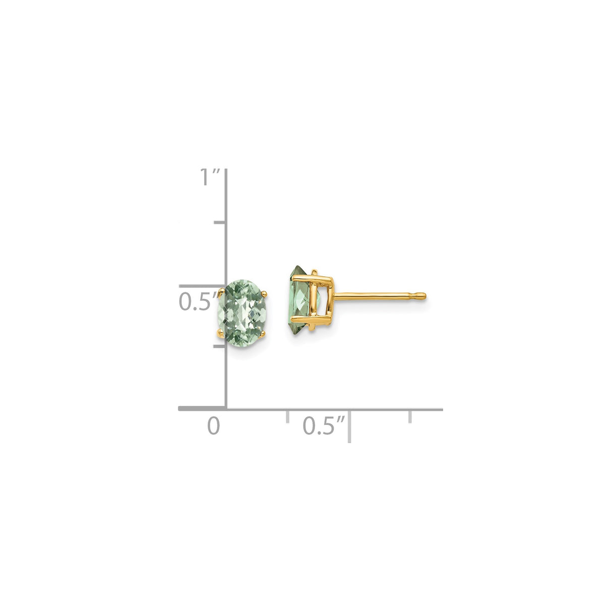14k Yellow Gold Stud Earrings with Oval Cut Green Quartz, Minimalist Lightweight Design
