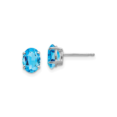 14k White Gold Blue Topaz Stud Earrings, Oval Faceted Gemstones in Prong Set Design
