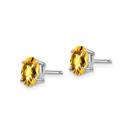14k White Gold Citrine Stud Earrings, Oval Checkerboard Cut, Minimalist November Birthstone Jewelry