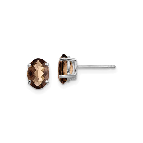 14k White Gold Stud Earrings with Oval Smoky Quartz, Faceted, Minimalist Style for Women