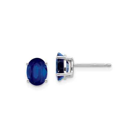 14k White Gold Sapphire Stud Earrings, Oval Deep Blue Gemstones, Classic Four Prong Setting