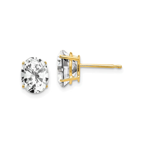 14k Yellow Gold Stud Earrings with Oval Cut Cubic Zirconia, Classic Four Prong Setting