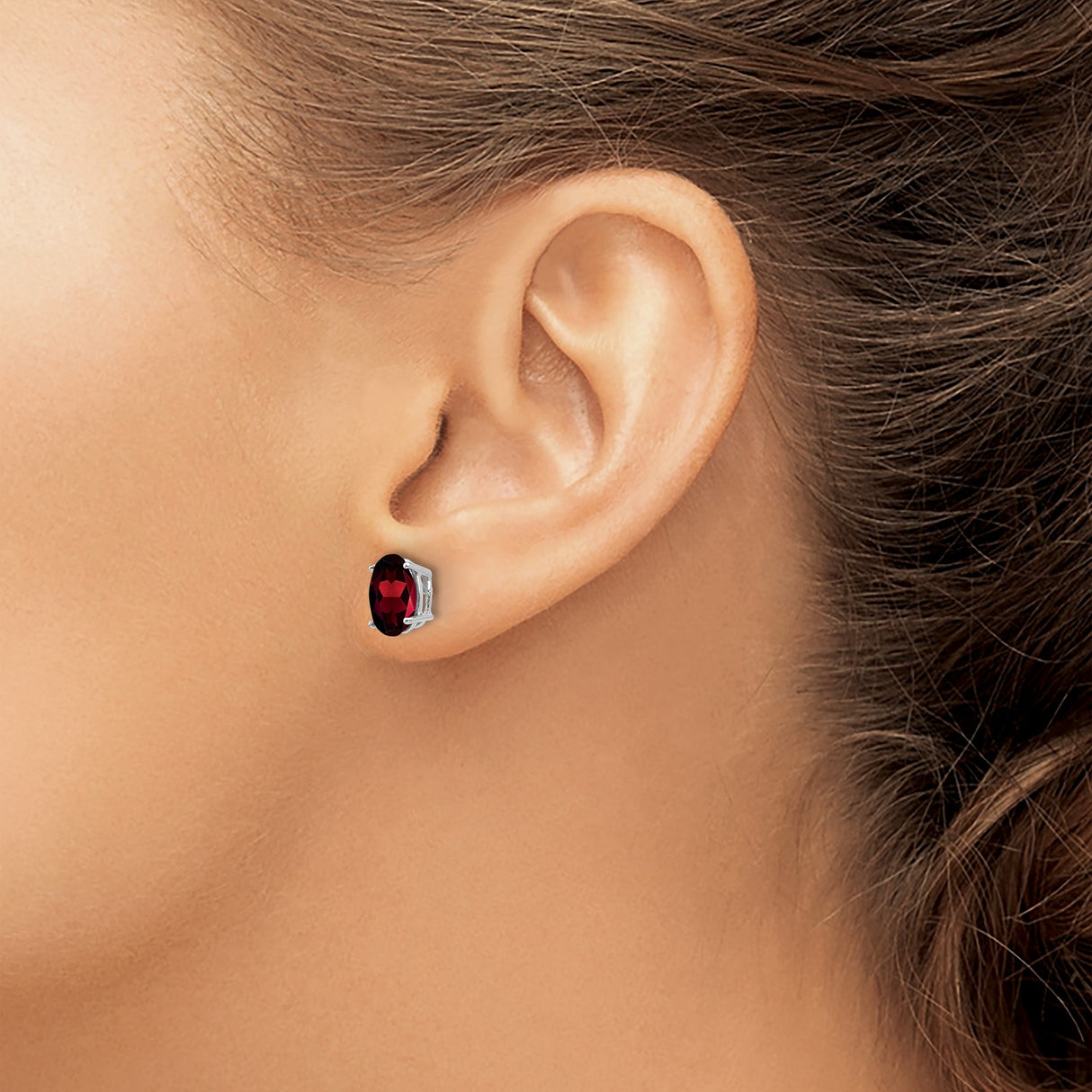 14k White Gold Garnet Stud Earrings, Oval Faceted January Birthstone Design