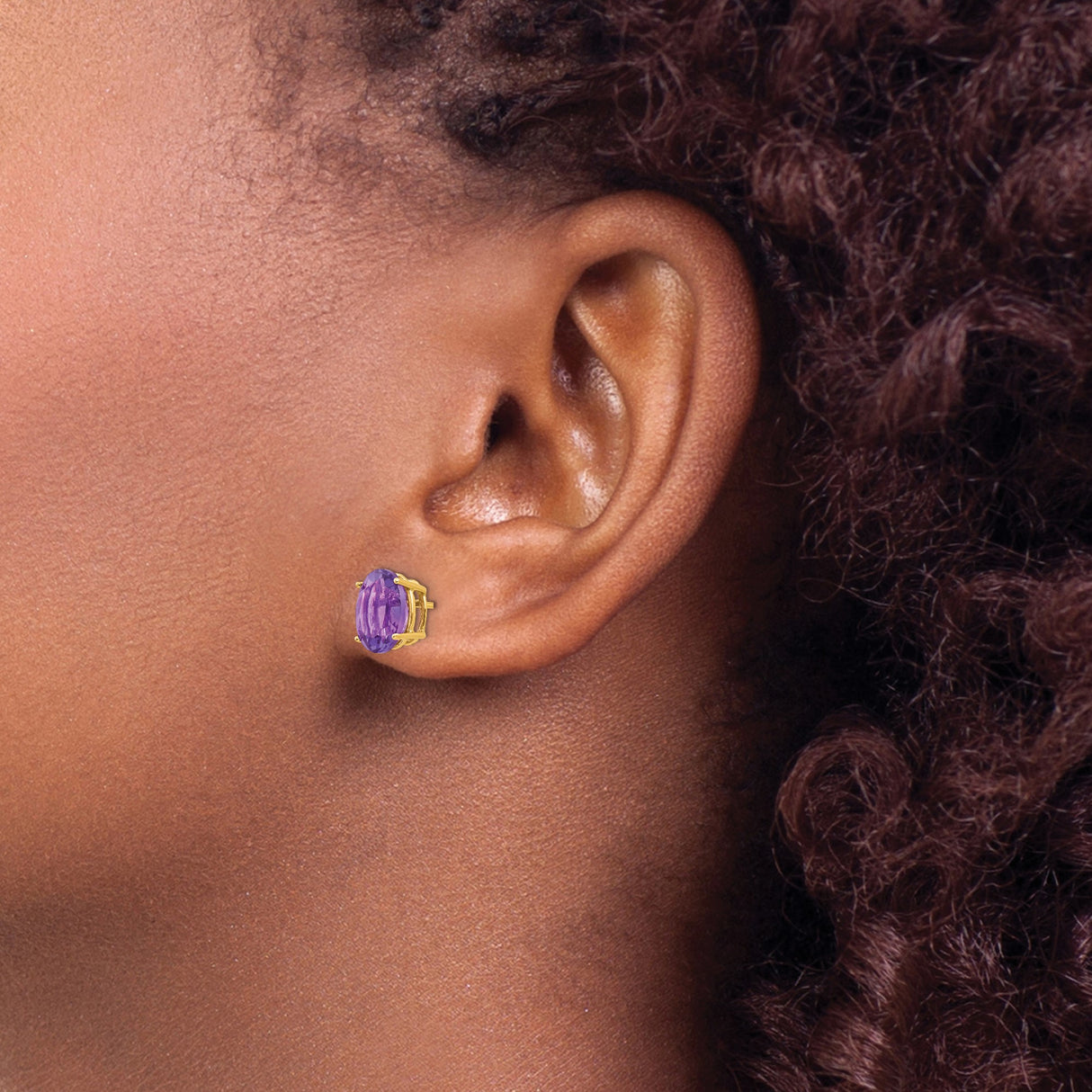14k Yellow Gold Amethyst Stud Earrings, Oval Faceted Purple Gemstone in Four-Prong Setting