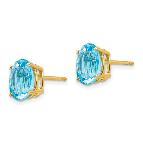 14k Yellow Gold Stud Earrings with Swiss Blue Topaz, Oval Faceted Gemstone in Four Prong Setting