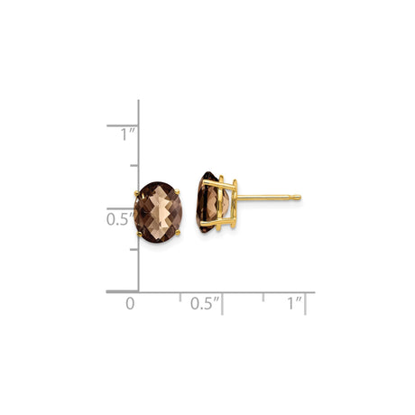 14k Yellow Gold Stud Earrings with Oval Smoky Quartz in Four-Prong Setting